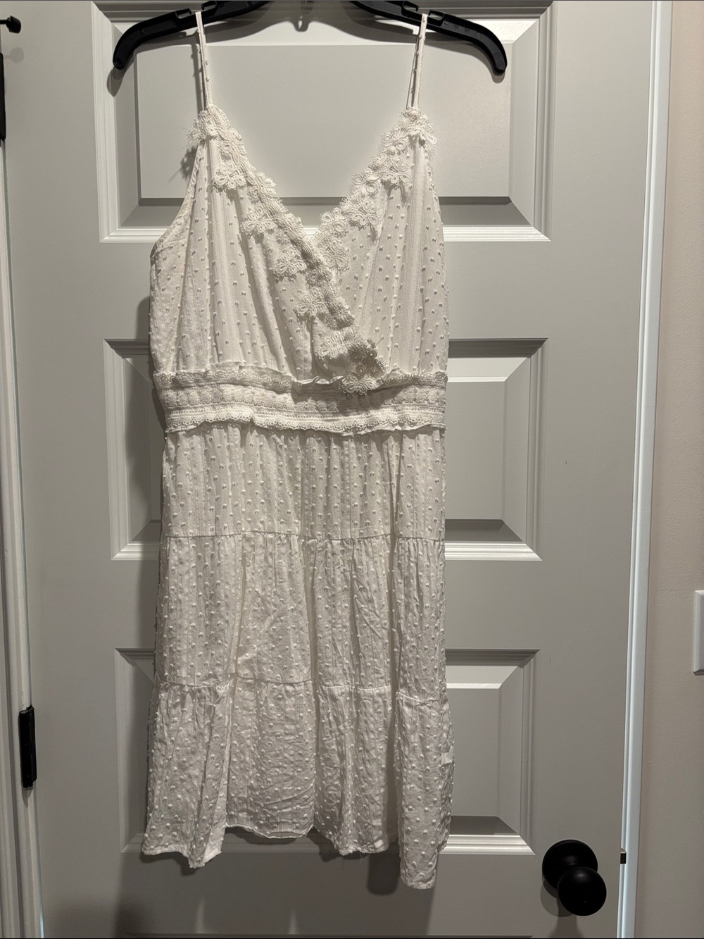 mine White Swiss Dot Lace-Trim V-Neck Sundress